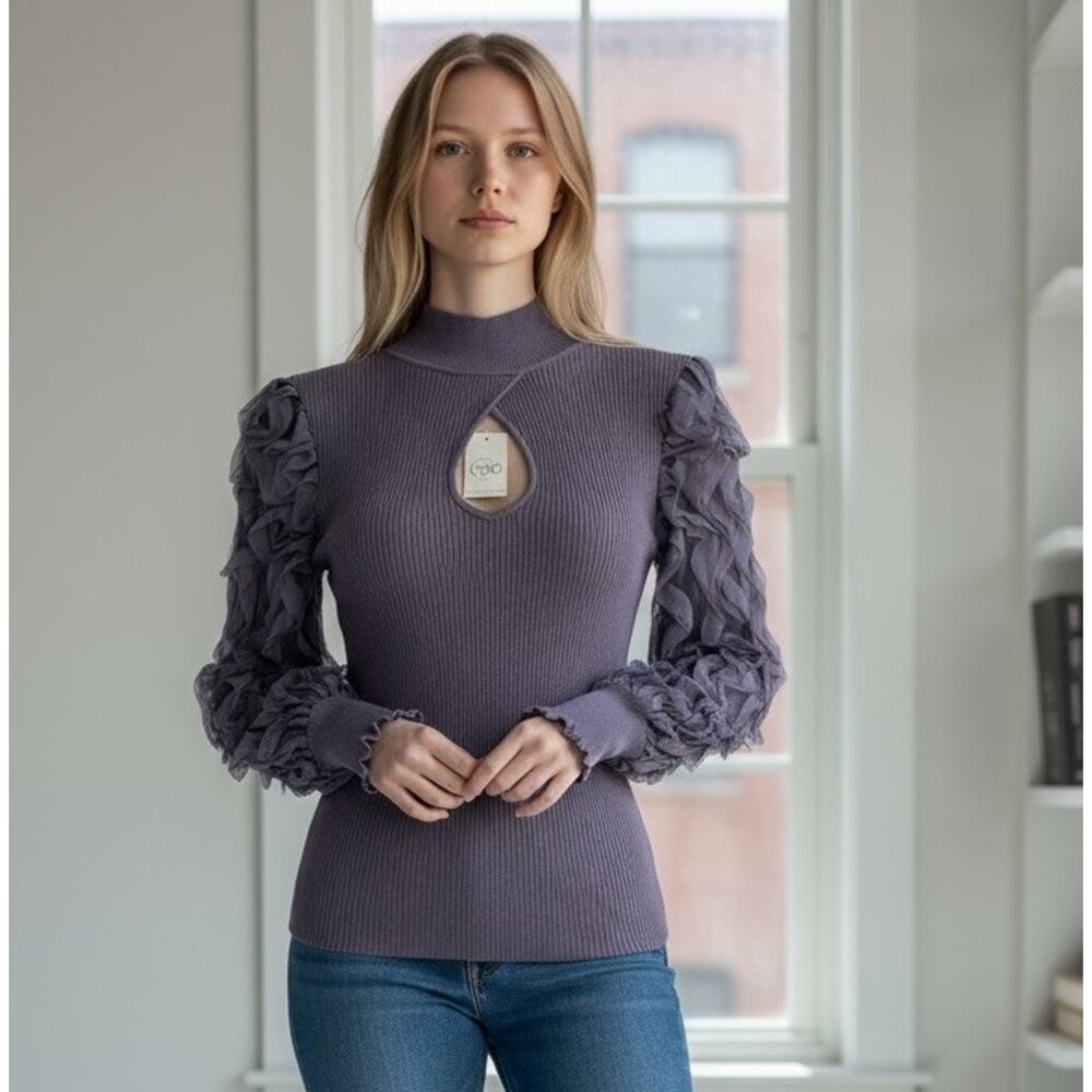 Cato brand purple ribbed knit sweater sheer ruffled sleeves Size M - Picture 2 of 8
